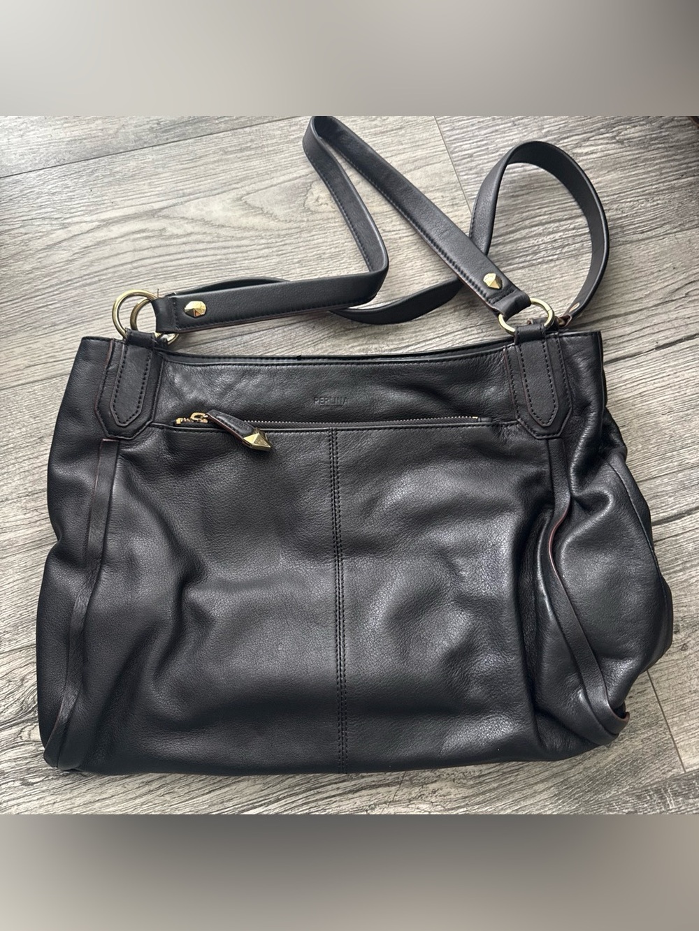 Perlina Black Leather Shoulder Bag with Gold Hardware